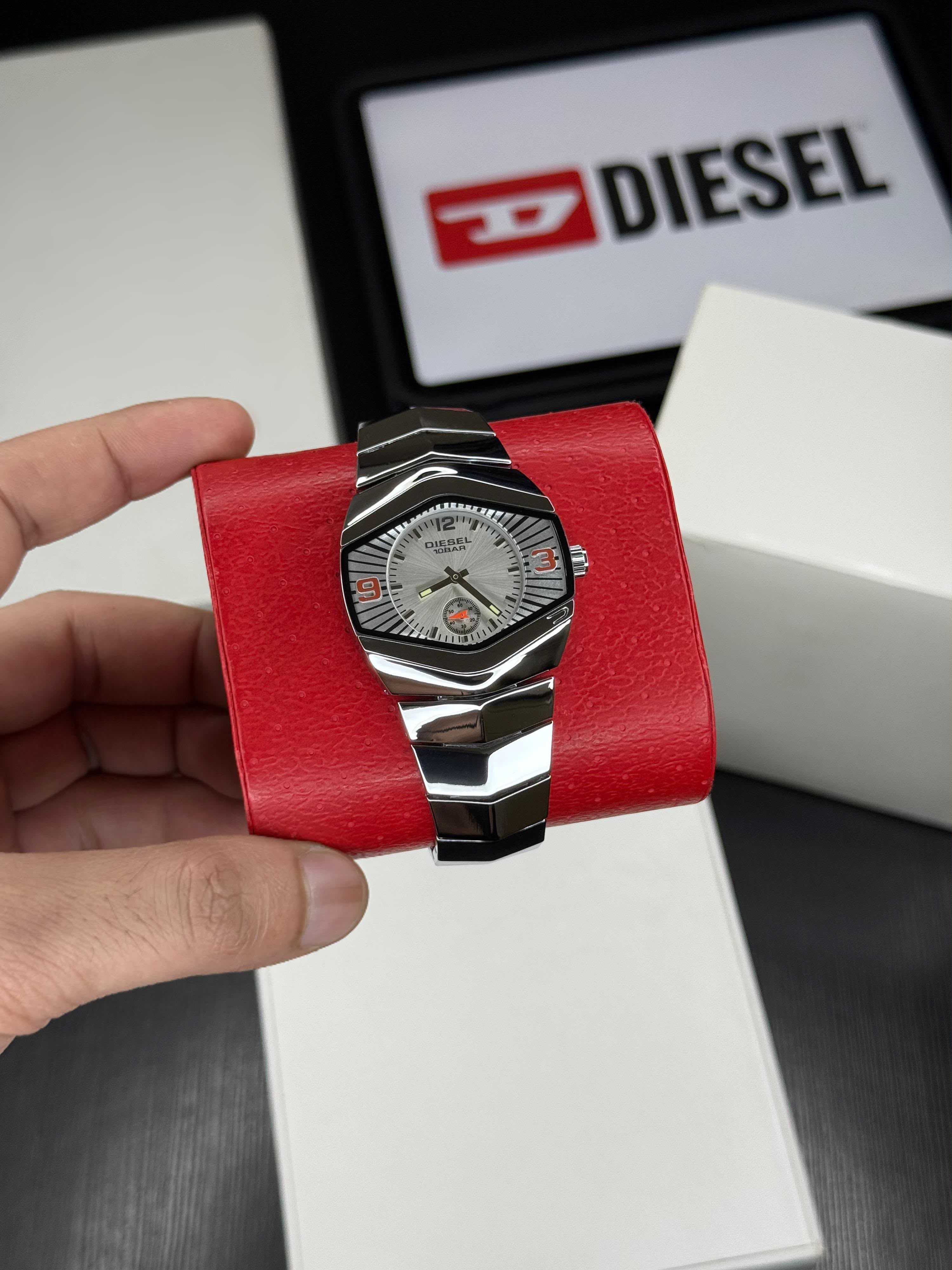 This is a Diesel Rock watch featuring a unique stainless steel angular bracelet and case